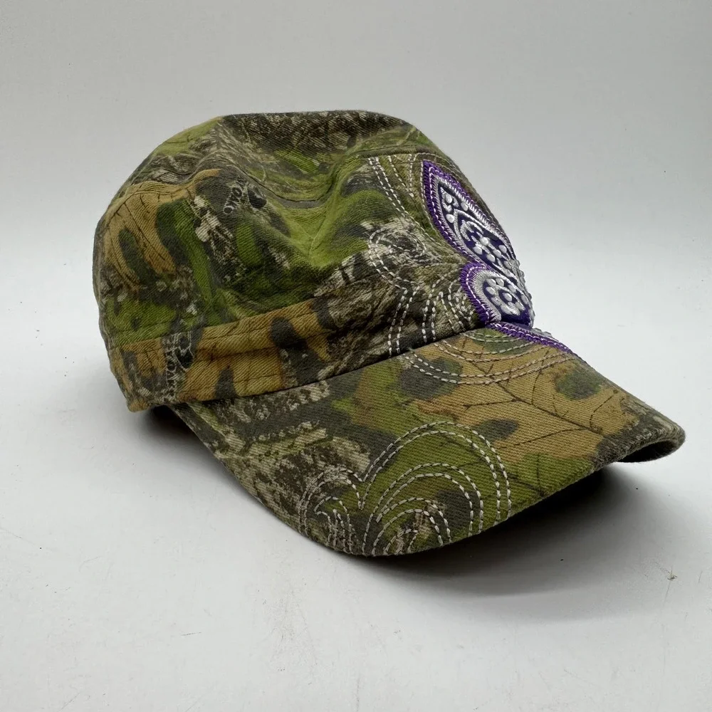 KBETHOS Mossy Oak Camo Fleur De Lis Rhinestone Cadet Hat Purple Adjustable Cap